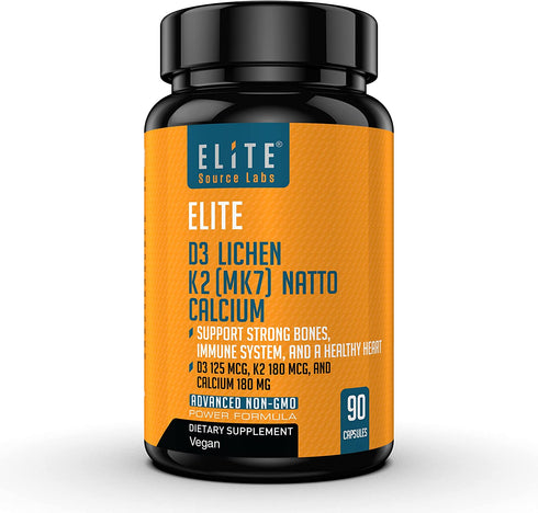 Elite Vitamin D3 K2 MK7 - Support Your Bones, Vitamin D Levels, Heart, and Immune System with Vegan Lichen Vitamin D3 5000 IU and Vitamin K2 MK-7 180 Mcg with Calcium Citrate. 90 Capsules