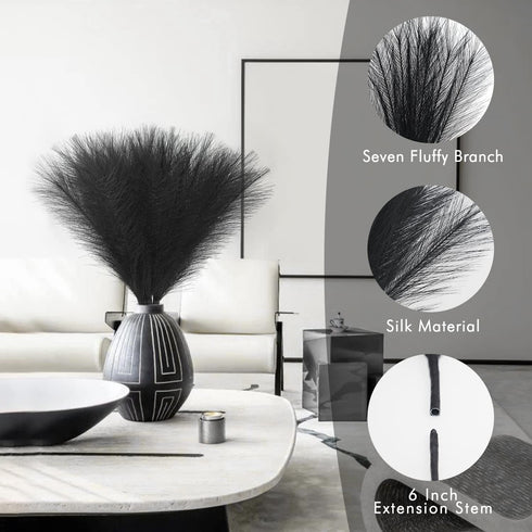 Pampas-Grass with Extension Stem, Artificial-Pampass-Grass 17" to 21.5" Faux-Pampas-Grass-Decor Tall 6Pcs, Pampas Grass for Flower-Arrangement, Black Pompous Grass