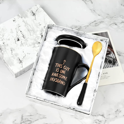 Valentine's Day Mug for Him - This Guy Is One Awesome Husband Coffee Mug - Christmas Birthday Anniversary Present for Husband from Wife - Funny Coffee Mug for Men 14 Oz with Gift Box