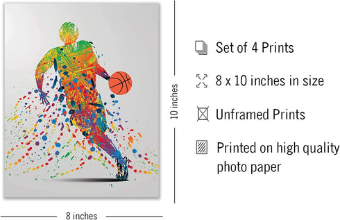 Rainbow Basketball Wall Art Decor - Set of 4 (8x10) Unframed Poster Prints