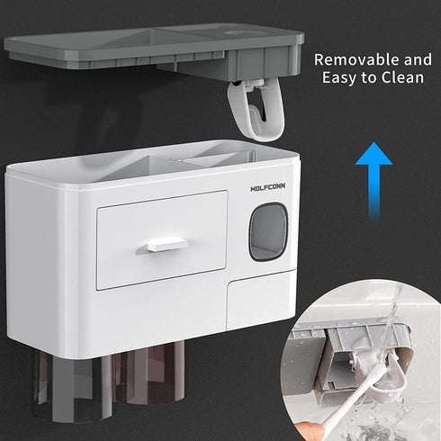 Toothbrush Holder Wall Mounted, 2 Magnetic Cups Toothbrush Holders with Toothpaste Dispenser for bathrooms, Multi-Functional Bathroom Gadgets Electric Toothbrush Holder Set for Bathroom Organizer