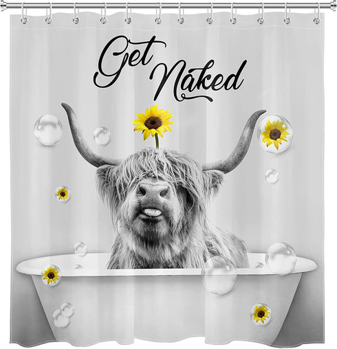 EOBTAIN Get Naked Highland Cow Shower Curtain Farmhouse Animal with Sunflowers Yellow Floral Funny Bull Grey Western Cattle Modern Bathroom Curtain Easy Care 69x70Inches Waterproof Fabric 12 Hooks