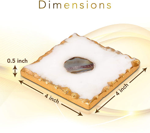 Bezrat Marble Coasters for Drinks - Set of 4 - Square - Modern Gold Edge Agate Stone Coaster - Tabletop Protection - Mothers Day Housewarming Gift