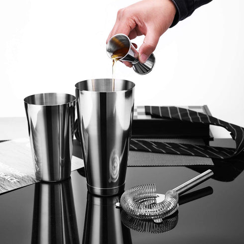 Boston Shaker Tins18oz Unweighted & 28oz Weighted,Cocktail Shaker Set with Jigger,Strainer,Liquor Pourer.Bartender Kit-Martini Drink Shaker-4pc Bar Set.