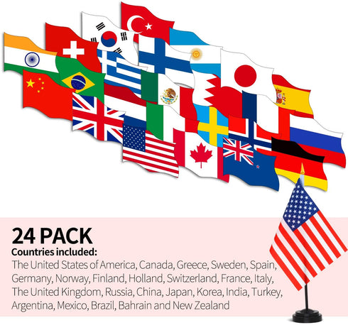 ANLEY 24 Countries Deluxe Desk Flags Set - 8 x 5 Inches Miniature American US Desktop Flag with 13" Black Pole - Vivid Color and Fade Resistant - Come with Black Base and Golden Top