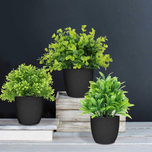 LELEE Artificial Potted Plants Mini Fake Plants, 3 Pack Small Eucalyptus Potted Faux Decorative Grass Plant with Black Plastic Pot for Home Decor, Indoor, Office, Desk, Table Decoration