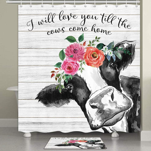 Cow Shower Curtains for Bathroom Gray Rustic Wood Cute Farm Cow with Floral Bathroom Accessories Set, Funny Black White Modern Farmhouse Animal Country Barn Door Bath Decor Hooks 69x72 Inch