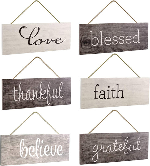 EXCELLO GLOBAL PRODUCTS Hanging Home Decor Sign with Sawtooth Hook and Jute Hanging Rope (Grateful, Love, Believe, Thankful, Faith, Blessed)