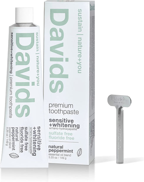 Davids Nano Hydroxyapatite Natural Toothpaste, Sensitive, Whitening, Enamel Health, Fluoride Free, SLS Free, Peppermint, 5.25 oz Metal Tube, Tube Roller Included
