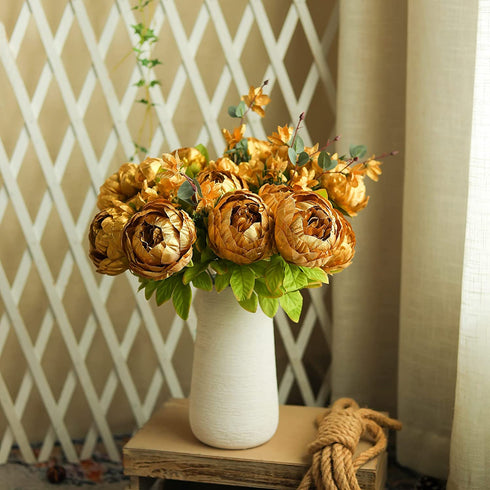 Nubry 2pcs Artificial Peony Silk Flowers Bouquet for Wedding Home Garden Decoration (Gold)