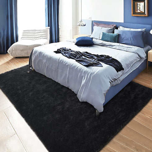 DETUM Soft Bedroom Area Rugs, Fluffy Fur Rug for Living Room Kids Room Nursery Room Mat, Shaggy Plush Carpet for Indoor Floor, Modern Home Decor, 4 x 6 Feet, Black