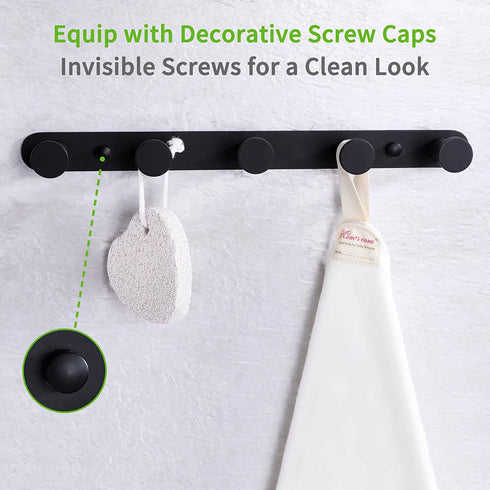 Towel Hook Rack Matte Black, Angle Simple SUS304 Stainless Steel Bathroom Hook Rail 5 Hooks, Utility Kitchen Towel Holder, Wall Mount