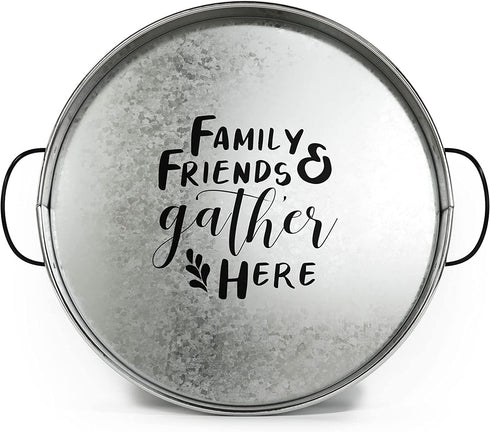 Barnyard Designs Decorative Farmhouse Round Metal Tray with Handle, Serving Tray for Coffee Table, Rustic Ottoman Decor, Silver, Large, 14?