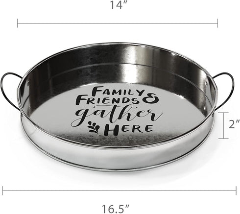 Barnyard Designs Decorative Farmhouse Round Metal Tray with Handle, Serving Tray for Coffee Table, Rustic Ottoman Decor, Silver, Large, 14?