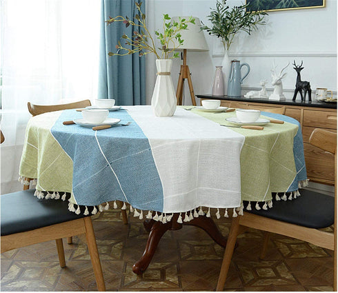 Round Tassel Plaid Tablecloth, Heavy Weight Cotton Linen Fabric Table Cover for Kitchen Dining Tabletop Decoration, Blue & Green, 48" Round