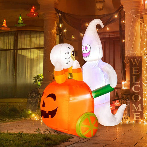 Rocinha Halloween Inflatables Ghost Pushing Pumpkin Cart 5 Ft Halloween Blow Up Decorations with Built-in LED Lights Halloween Lawn Decorations for Outdoor Party Yard Garden