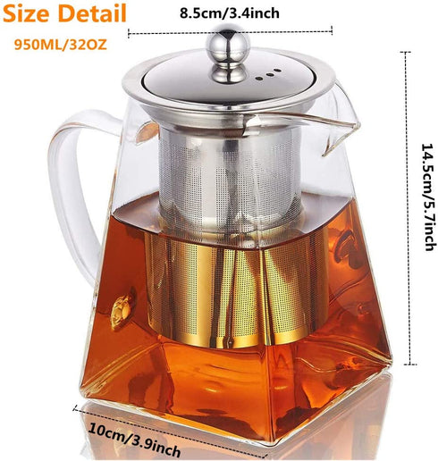 Glass Teapot with Infuser,820ML/29OZ Borosilicate Tea Kettle with Infuser for Loose Leaf Tea, Microwavable and Stovetop Safe -Square Shape¦