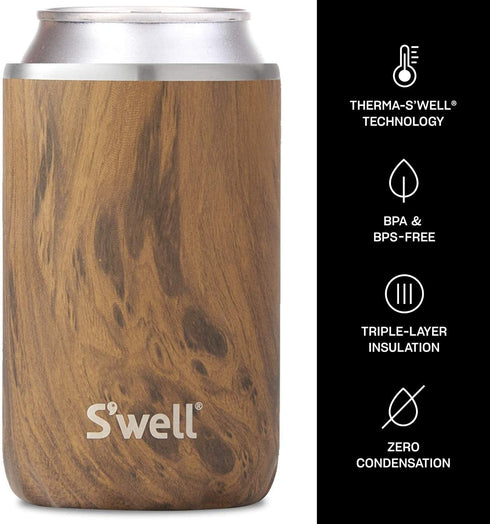 S'well Stainless Steel Chiller Triple-Layered Vacuum-Insulated Keeps Drinks Cool and Hot for Longer-Dishwasher-Safe BPA-Free for Travel, 12oz Cans and Bottles, Teakwood