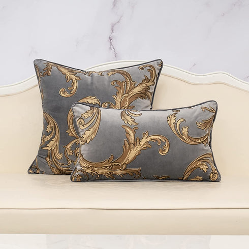 Alerfa 12 x 20 Inch Gray Luxury Velvet European Garden Style Floral Pattern Cushion Case Lumbar Throw Pillow Cover Decorative Pillow for Couch Sofa Living Room Bedroom Car