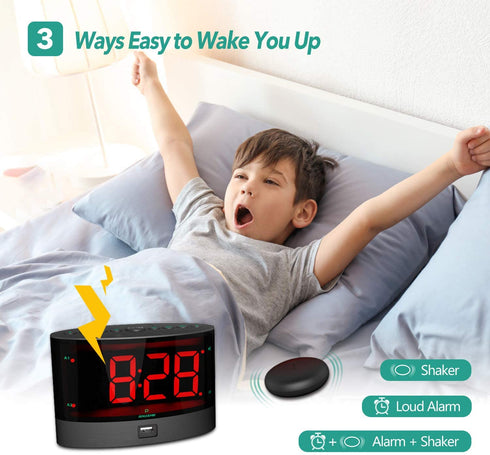 ANJANK Extra Loud Alarm Clock with Wireless Bed Shaker, Vibrating Dual Alarm Clock for Heavy Sleepers, Deaf and Hearing-impaired, Adjustable Volume/Dimmer/Wake up Mode, USB Charger Port, Pillow Shaker