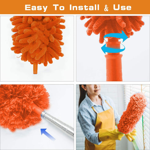 Microfiber Duster, Feather Duster Kit with 100 Inch Telescoping Extension Pole, Reusable Bendable Dusters, Washable Lightweight Dusters for Ceiling Fan