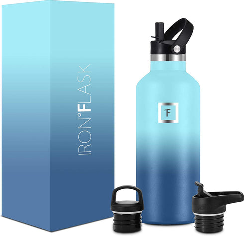 IRON °FLASK Sports Water Bottle - 32 Oz, 3 Lids (Straw Lid), Leak Proof, Vacuum Insulated Stainless Steel, Hot Cold, Double Walled, Thermo Mug, Standard Metal Canteen