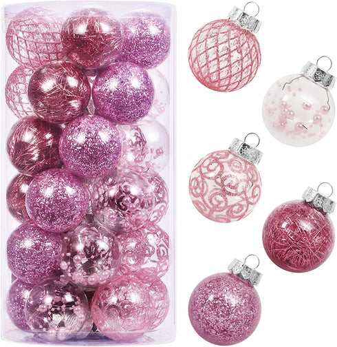 60MM/2.36" Clear Christmas Ornaments Set, 30PCS Shatterproof Decorative Hanging Ball Ornament with Stuffed Delicate Decorations, Xmas Tree Balls for Halloween Holiday Party Thankgivings - Pink.