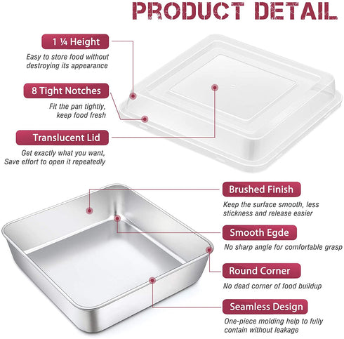 8 Inch Square Cake Pan with Lid, P&P CHEF Stainless Steel Baking Pans and Lids, For Lasagna Brownie Cake, Heavy Duty & Food Grade, Durable Pans & Plastic Covers, Oven & Dishwasher Safe (2 Pans+2 Lids)