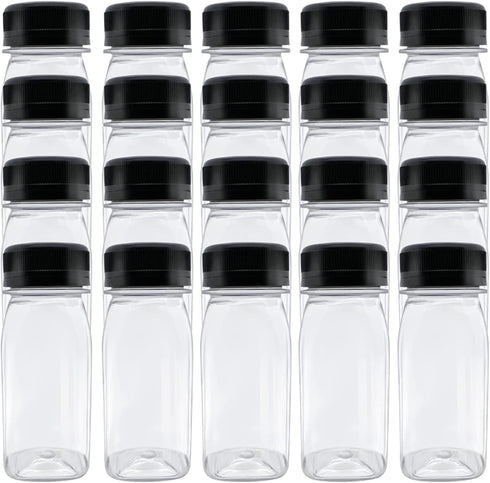 24 Pcs 4 Ounce Plastic Juice Bottles, Reusable Bulk Beverage Containers for Juice, Milk and Other Beverages, Black lid