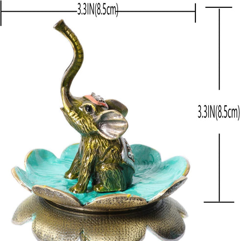 Waltz&F Raise Nose Elephant on Petal Metal Ring Jewelry Holder Trinket Box Figurine Collectible Table Centerpiece Decor