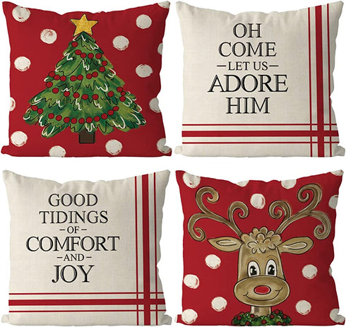 Christmas Pillow Covers 18 x 18 Inch Set of 4 Farmhouse Hug Pillowcase Christmas Tree Elk Winter Throw Pillows Living Room Decoration Home Decorative Sofa Pillowcase