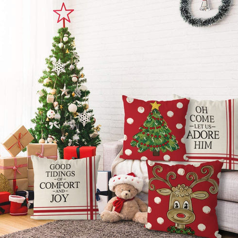 Christmas Pillow Covers 18 x 18 Inch Set of 4 Farmhouse Hug Pillowcase Christmas Tree Elk Winter Throw Pillows Living Room Decoration Home Decorative Sofa Pillowcase