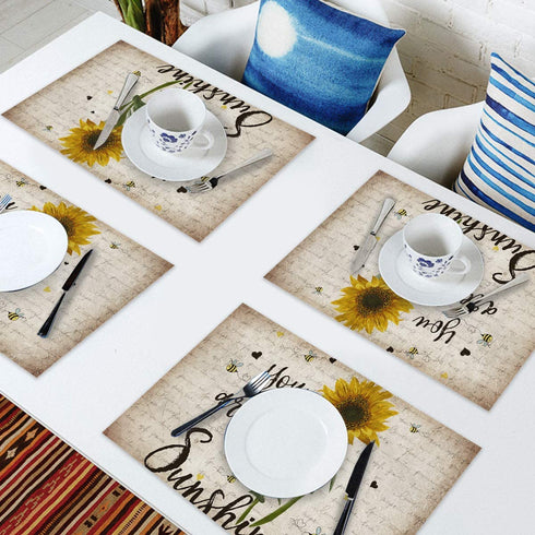 ARTSHOWING Set of 6 Placemats Heat-Resistant for Dining Table Linen Table Mats Rustic Sunflower Rectangle Pad Placemat 12 x 18 Inch - You are My Sunshine