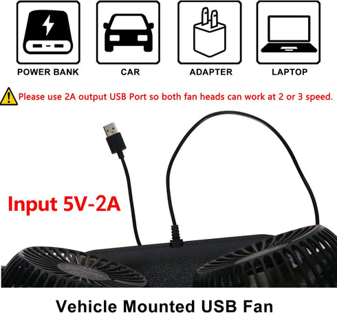 TriPole Car Fan Portable Vehicle Fan Dual Head Electric Fan Vehicle Mounted USB Fan 300 Degree Rotation Auto Cooling Fan 3 Speed Strong Wind Desk Fan for Dashboard SUV RV Truck Sedan Home Office