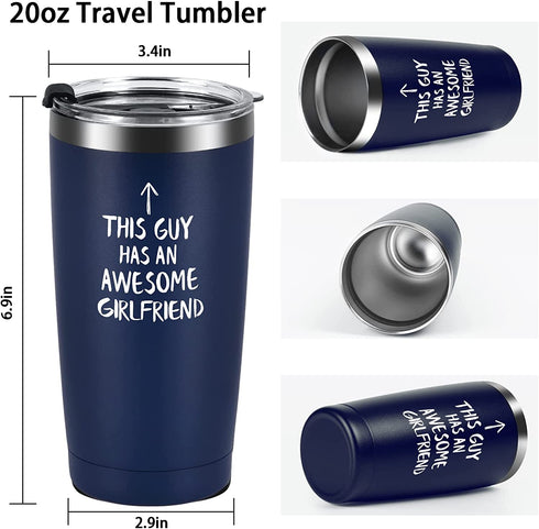 Qtencas Valentine's Day Gifts for Boyfriend Travel Tumbler, This Guy Has an Awesome Girlfriend Stainless Steel Insulated Tumbler with Lid, Boyfriend Men Birthday Gifts Tumbler(Navy Blue, 20oz)