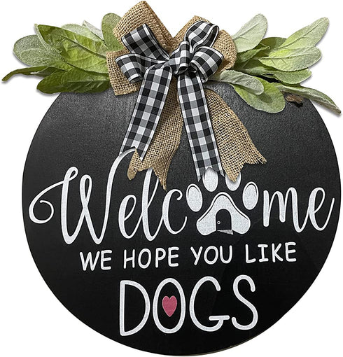 Welcome Wreath Sign for Farmhouse Front Porch Decor - We Hope You Like Dogs - Door Hanging with Premium Greenery - Gift for Christmas Housewarming Holiday Home Decoration