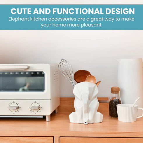 LUMI Kids Toothbrush Holder For Bathroom - Ceramic Elephant Toothbrush Holder, Drainer, Dryer - Multifunctional, Cute and Funny Cutlery Drainer, Silverware Drainer, Utensil Drying Caddy - White color
