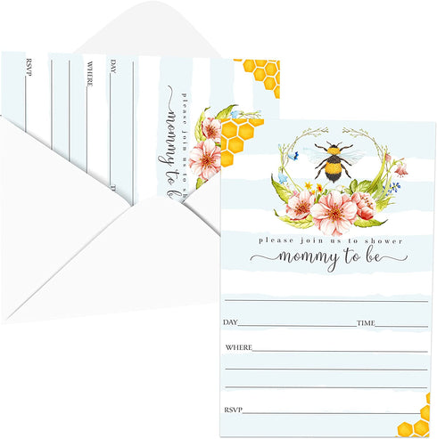 Mama Bee Baby Shower Invitations with Envelopes (25 Pack) Blank Invitation for Gender Reveal Party Supplies Flowering Bumblebee Girl or Boy Set of Invites to Handwrite Your Details
