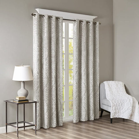 SunSmart Mirage 100% Total Blackout Single Window Curtain, Knitted Jacquard Damask Room Darkening Curtain Panel with Grommet Top, 50x84", Grey