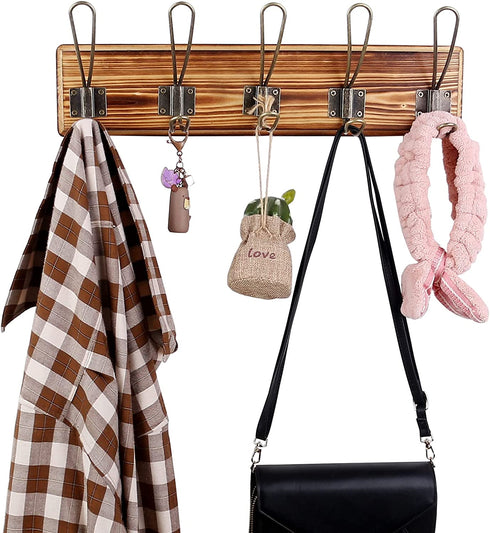 Rustic Coat Rack - Wall Mounted Solid Pine Wood 17" Entryway Coat Hooks - Rustic Hooks for Hanging Coats,Jacket,Clothes,Hats (1 Item Five Hooks, Carbonized Black with Bronze Hooks)