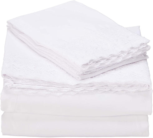 Amrapur Overseas | 4-Piece 100% Microfiber Crochet Lace Bed Sheet Set (White, Queen)