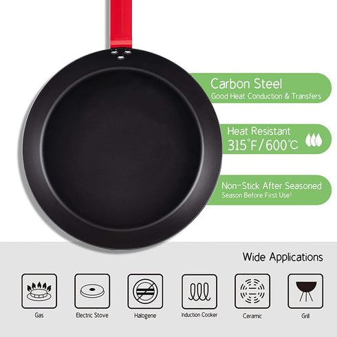 Delihom Carbon Steel Pan 9.5 Inch Skillet Omelette Pan, Cooking Frying Pans Healthy and Safe Cookware, Black