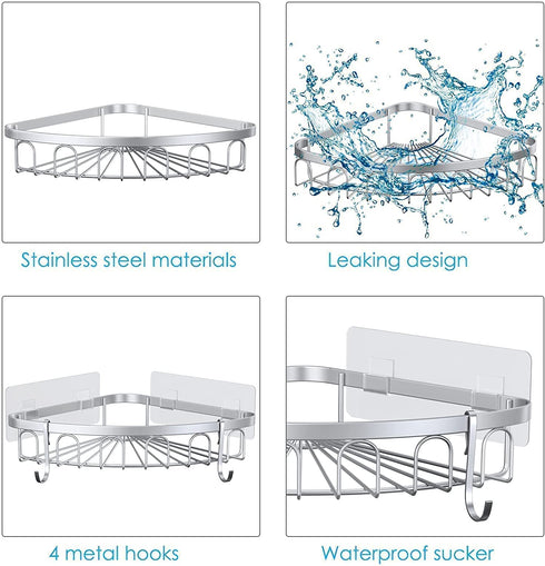 stusgo Corner Shower Caddy, Shower Shelf, Adhesive Shower Wall Caddy, SUS304 Stainless Steel Shower Rack Corner, Bathroom Storage Organizer Rustproof with 4 Hooks for Dorm Kitchen, 2 Pack