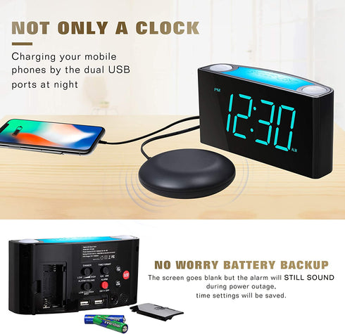 Extra Loud Alarm Clock with Bed Shaker, Vibrating Alarm Clock for Heavy Sleepers Deaf Hearing Impaired, 7" Large Display, Dual USB Charger, 7 Color Night Light, Dimmer, Snooze & Battery Backup