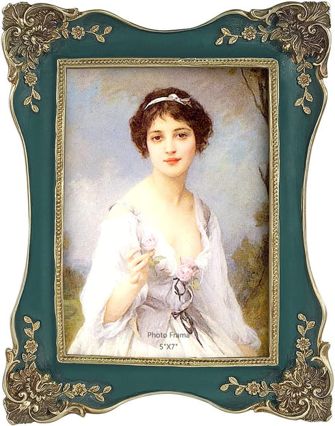 Laetitia Vintage Picture Frame 5x7 Inch/ 8x10 Inch, Elegant Antique Photo Frames with Glass Front, Photo Display, Tabletop Wall Hanging, Gift Ideas, Christmas Gift Idea, Golden pattern (Green, 5 x 7 Inch)
