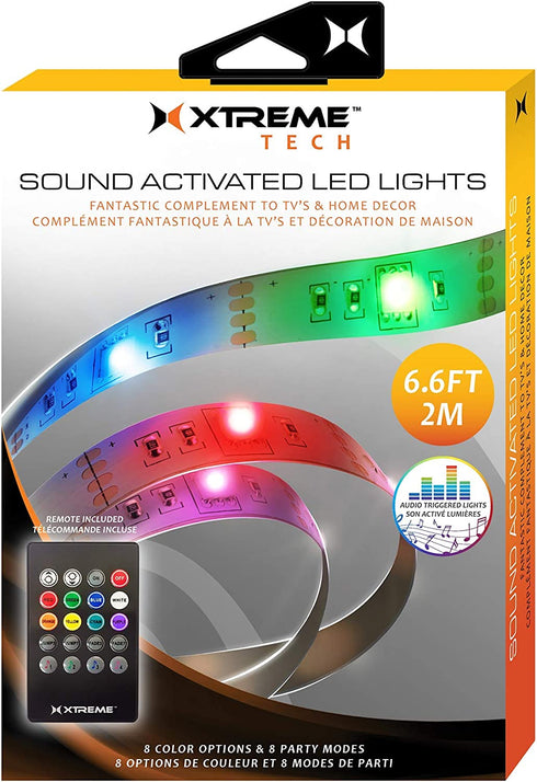 Xtreme USB Powered Sound Reactive LED Light Strip with 8 Unique Colors, 8 Color Changing Modes, Preinstalled Adhesive Back and Included IR Remote 6.6ft