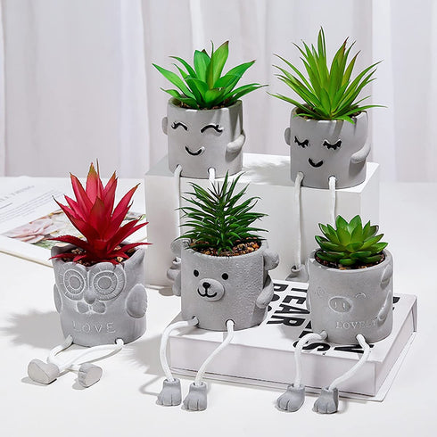 Lavenor Artificial Potted Plant Fake Succulent Plant Cute Hanging Leg Emotional Cement Potted Succulents Decor for Desk Shelf Bedroom Living Room and Office Decoration