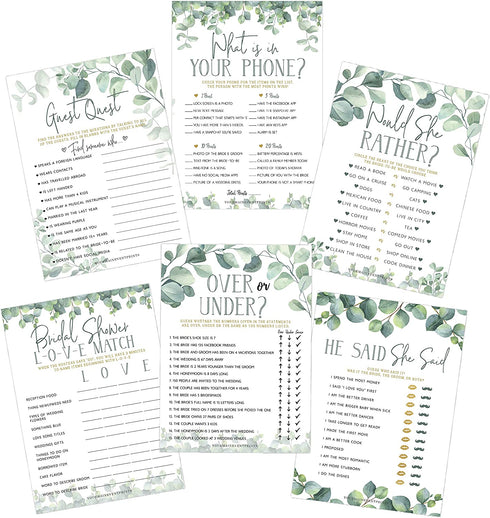 Bridal Shower Games (Set of 6 Fun Activities for 25 Guests), Greenery Floral Eucalyptus Theme