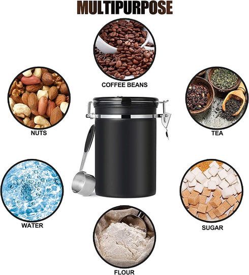 Pitmoly Airtight Coffee Canister, Stainless Steel Coffee Container, Food Storage Containers with Date Tracker and Scoop, Coffee Jar for Coffee Grounds and Beans,22 oz (Black)