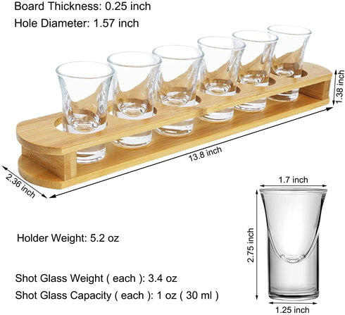1 oz Shot Glasses with Holder, Shot Glass Set in Bamboo Wooden Shot Tray, D&Z 6 Heavy Base Shot Glasses for Whiskey/Vodka/Tequila/Cocktail/Soju, Shot Serving Tray, Good Helper for Bar/Restaurant/Party